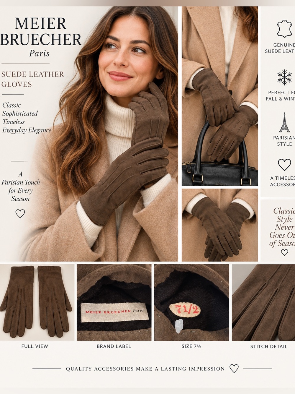 Meier Bruecher Paris Brown Suede Leather Gloves Size 7.5